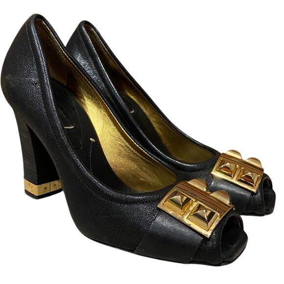 BCBGMaxazria Black Leather Block Heel Shoes sz 8.5 Gold Trim heel Peep Toe Shoes - Picture 1 of 11